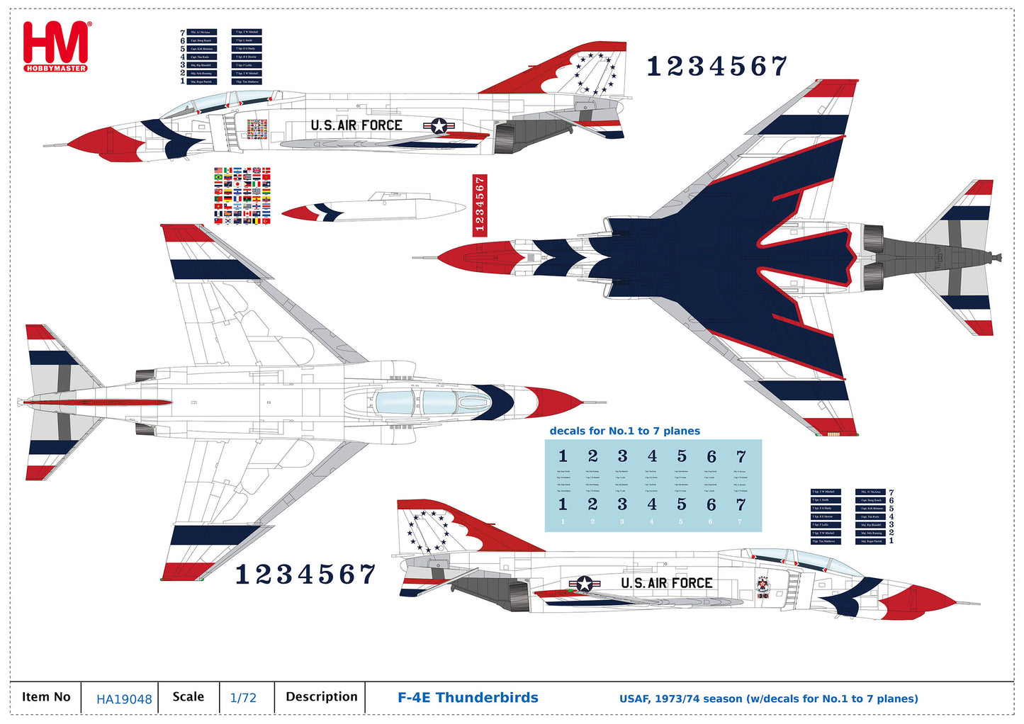 HOBBY MASTER F-4E THUNDERBIRDS USAF "1973/74 SEASON" (WITH DECALS FOR NO.1 TO 7 PLANES)