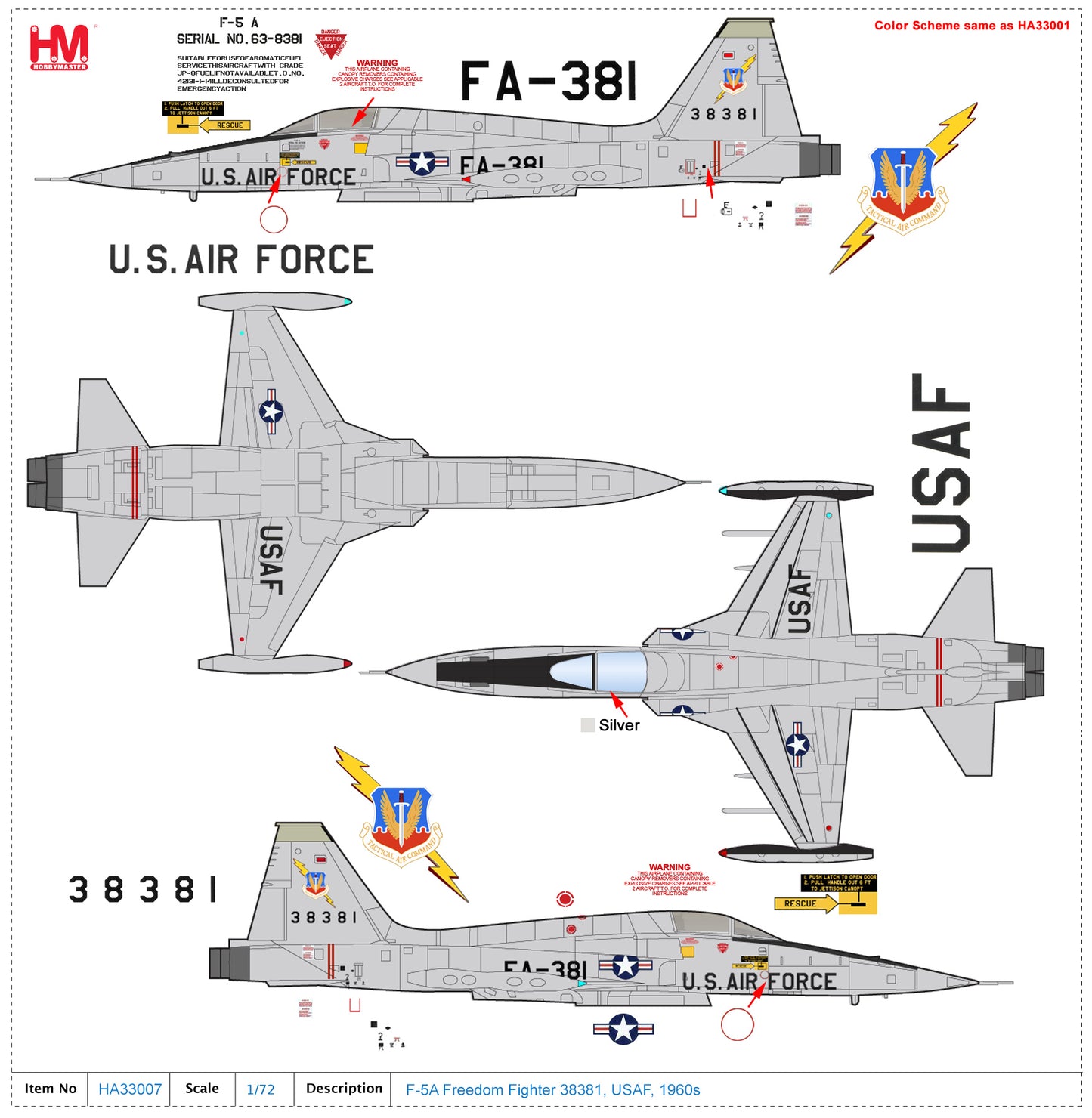 HOBBY MASTER F-5A FREEDOM FIGHTER 38381 USAF 1960'S