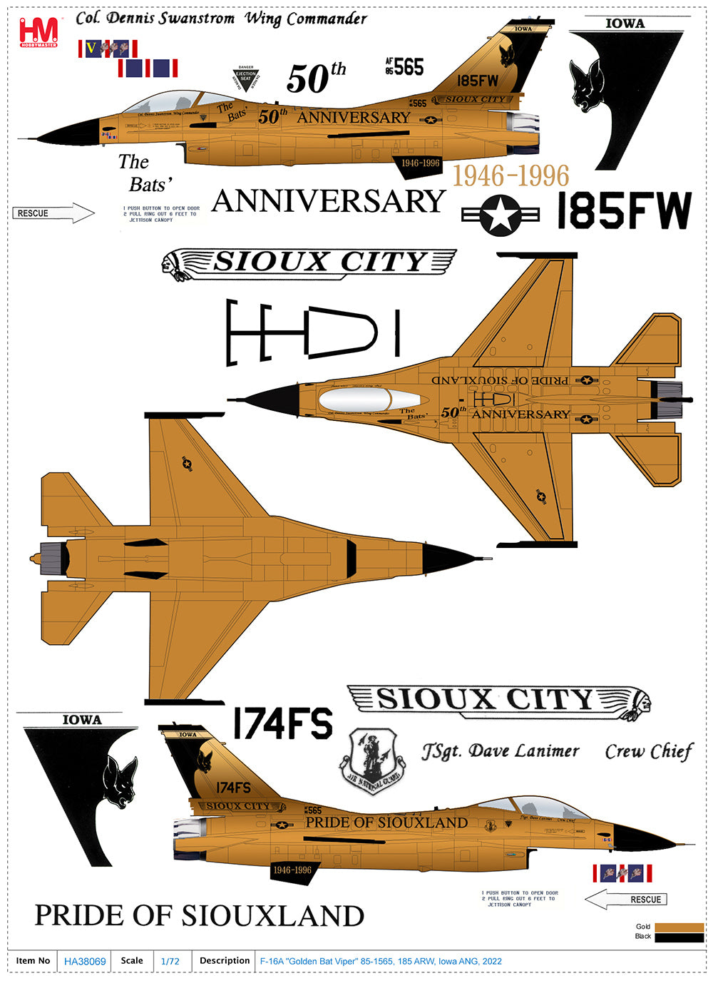 HOBBY MASTER F-16A IOWA ANG "GOLDEN BAT VIPER" 85-1565 185 ARW 2022