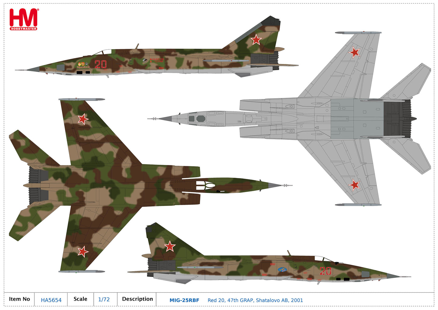 HOBBY MASTER MIG-25RBF RUSSIAN AIR FORCE RED 20 47TH GRAP SHATALOVO AB 2001