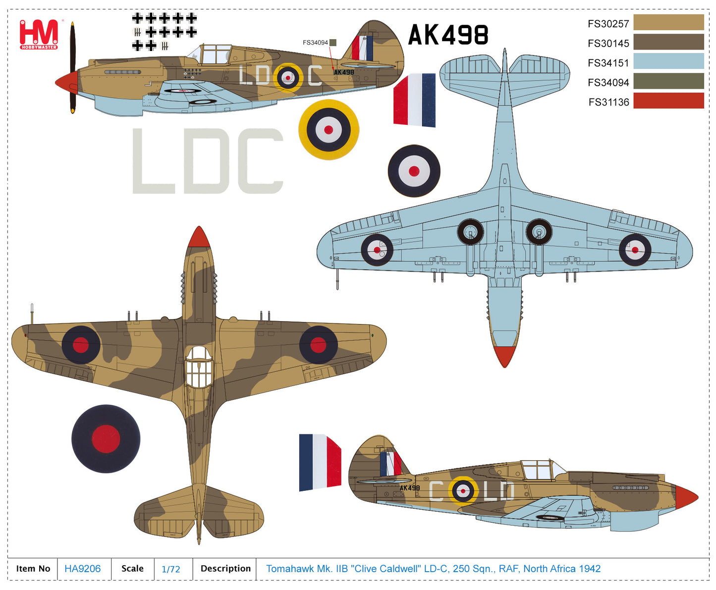 HOBBY MASTER TOMAHAWK MK. IIB CLIVE KILLER CALDWELL - LD-C 250 SQN RAF NORTH AFRICA 1943 AUSTRALIAS TOP WW2 AIR ACE TOP P-40 ACE OF WW2