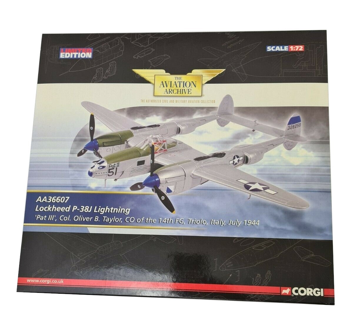 CORGI P-38J LIGHTNING "PAT III" COL. OLIVER B TAYLOR CO OF THE 14TH FG TRIOLO ITALY JULY 1944