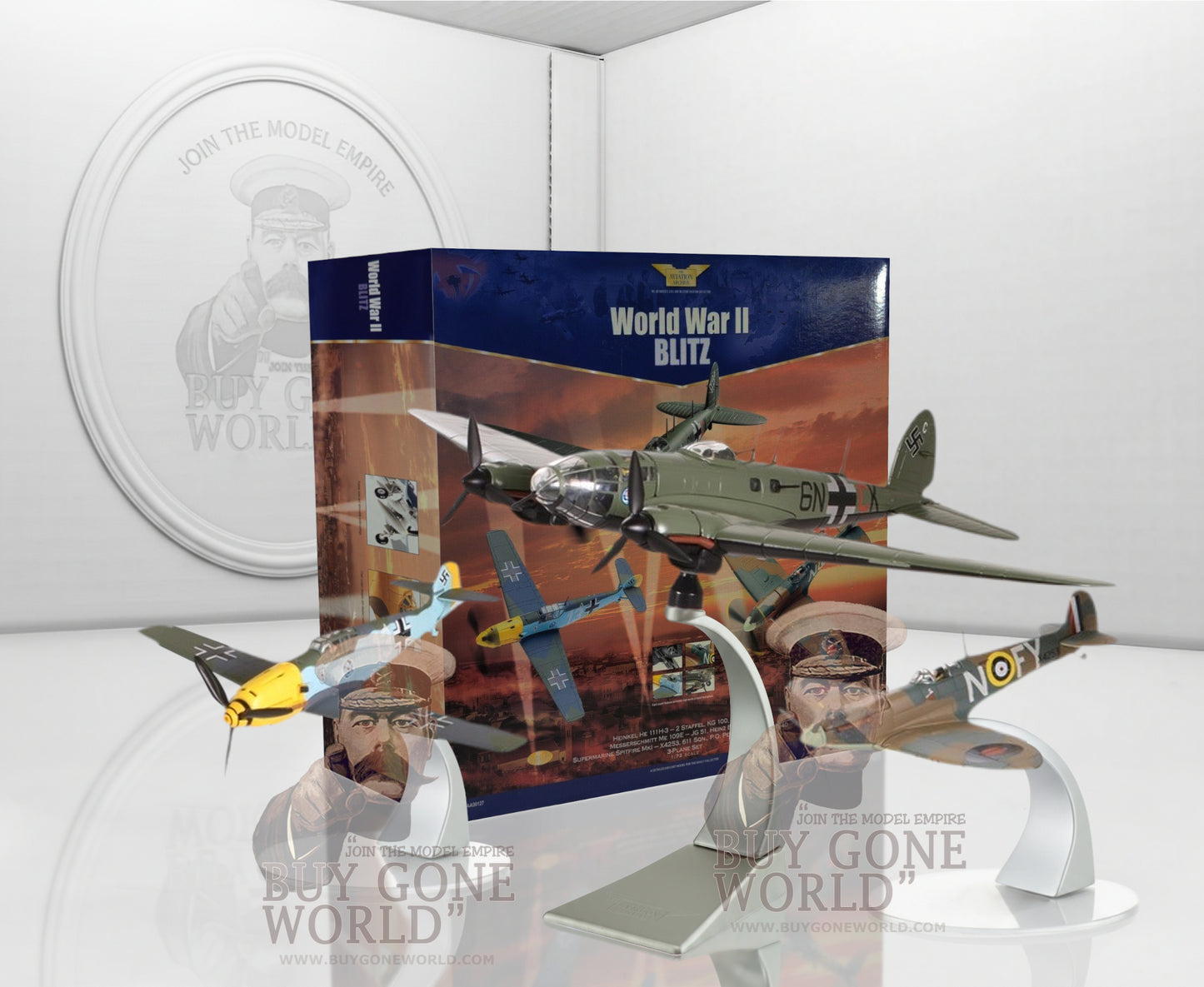 CORGI 3 PIECE SET, HEINKEL HE 111H-3, MESSERSCHMITT BF109E, SUPERMARINE SPITFIRE MK.V