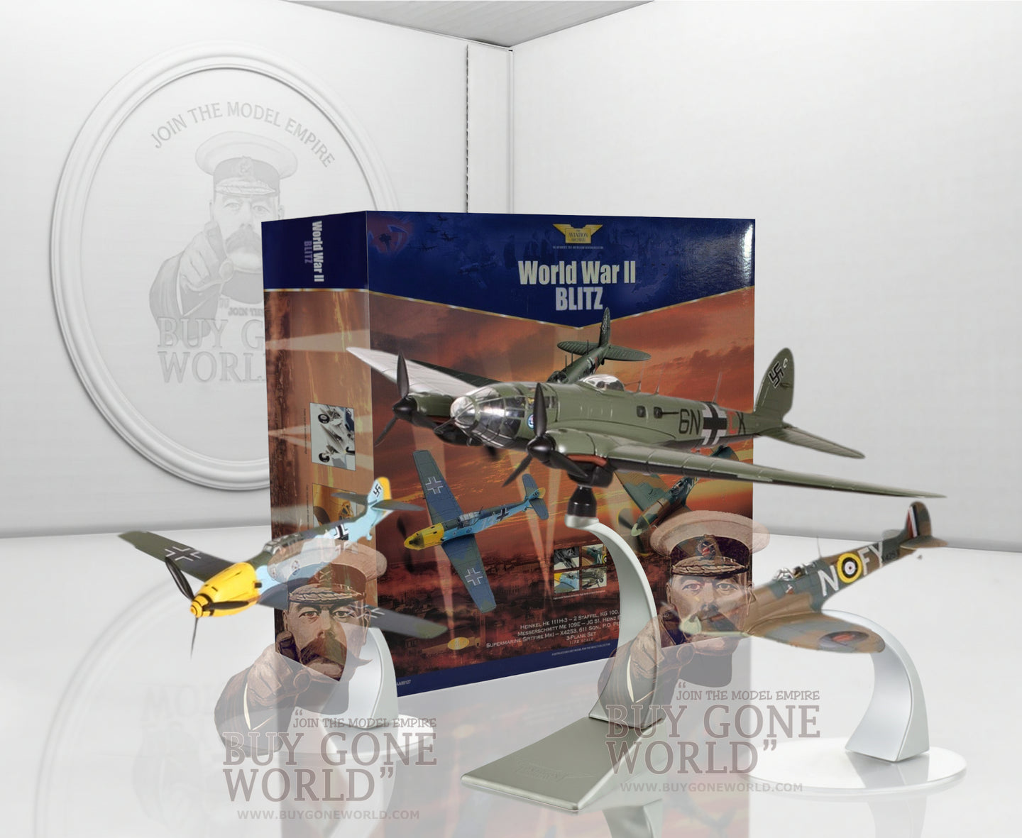 CORGI 3 PIECE SET, HEINKEL HE 111H-3, MESSERSCHMITT BF109E, SUPERMARINE SPITFIRE MK.V