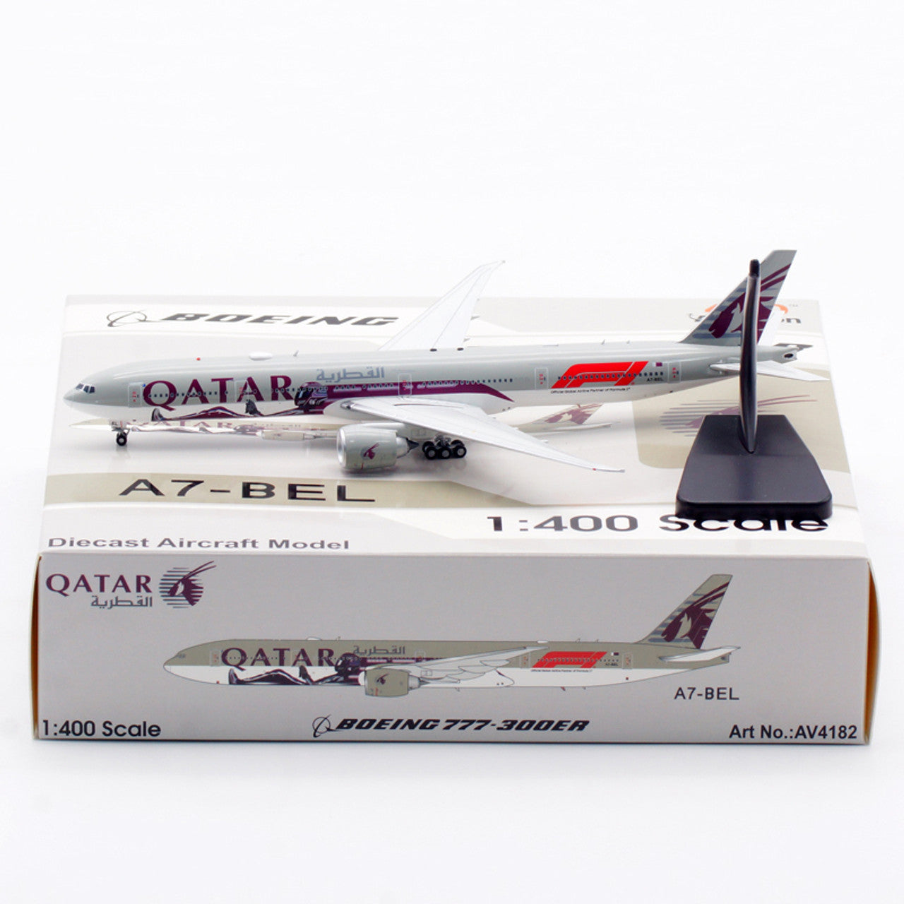 AVIATION 400 B777-3DZER QATAR AIRWAYS "OFFICIAL GLOBAL AIRLINE PARTNER OF FORMULA 1" REG: A7-BEL WITH ANTENNA