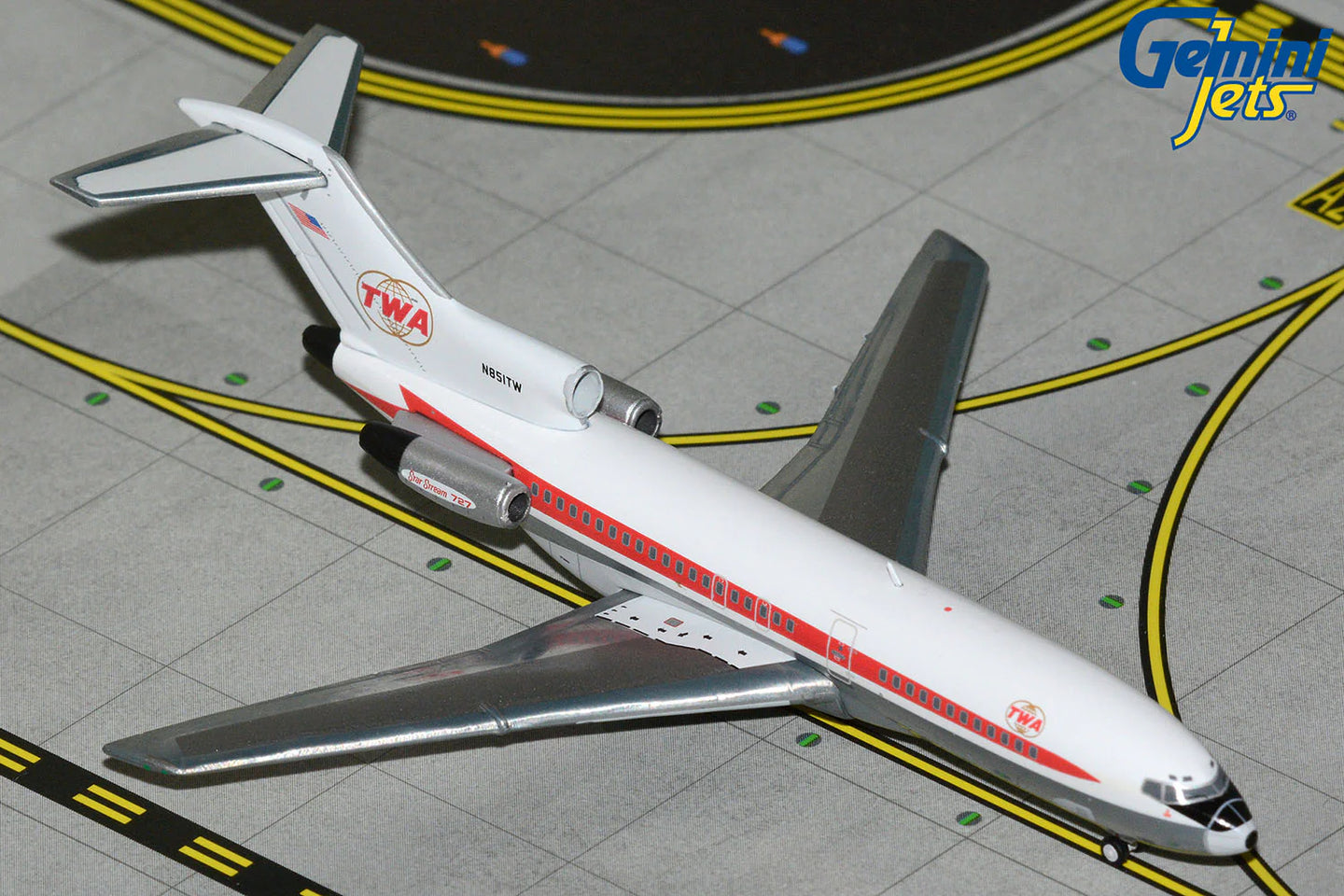 GEMINI JETS B727-100 TRANS WORLD AIRLINES (TWA) "TWIN GLOBE LIVERY" (POLISHED) REG: N851TW