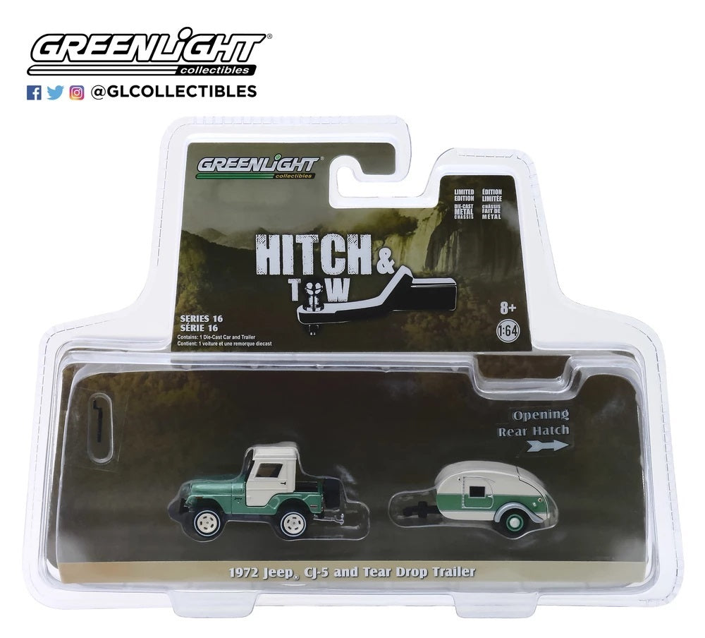 GREENLIGHT 1972 JEEP CJ-5 HALF CAB + TEARDROP TRAILER