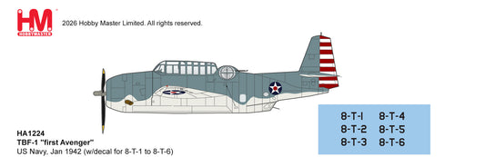 HOBBY MASTER TBF-1 FIRST AVENGER US NAVY JAN 1942 (W/DECAL FOR 8-T-1 TO 8-T-6)