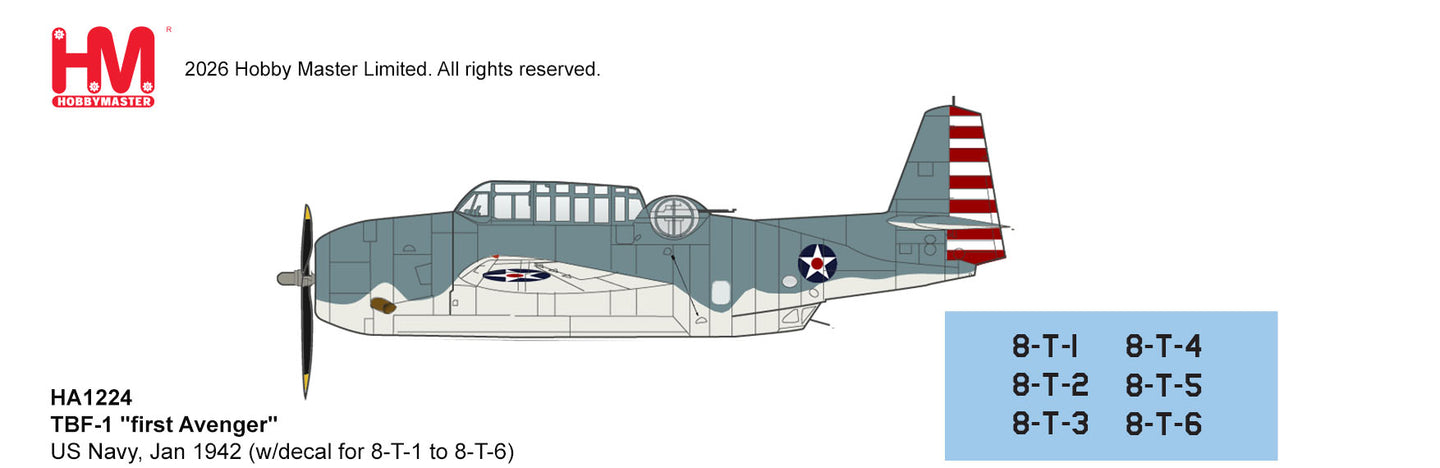 HOBBY MASTER TBF-1 FIRST AVENGER US NAVY JAN 1942 (W/DECAL FOR 8-T-1 TO 8-T-6)