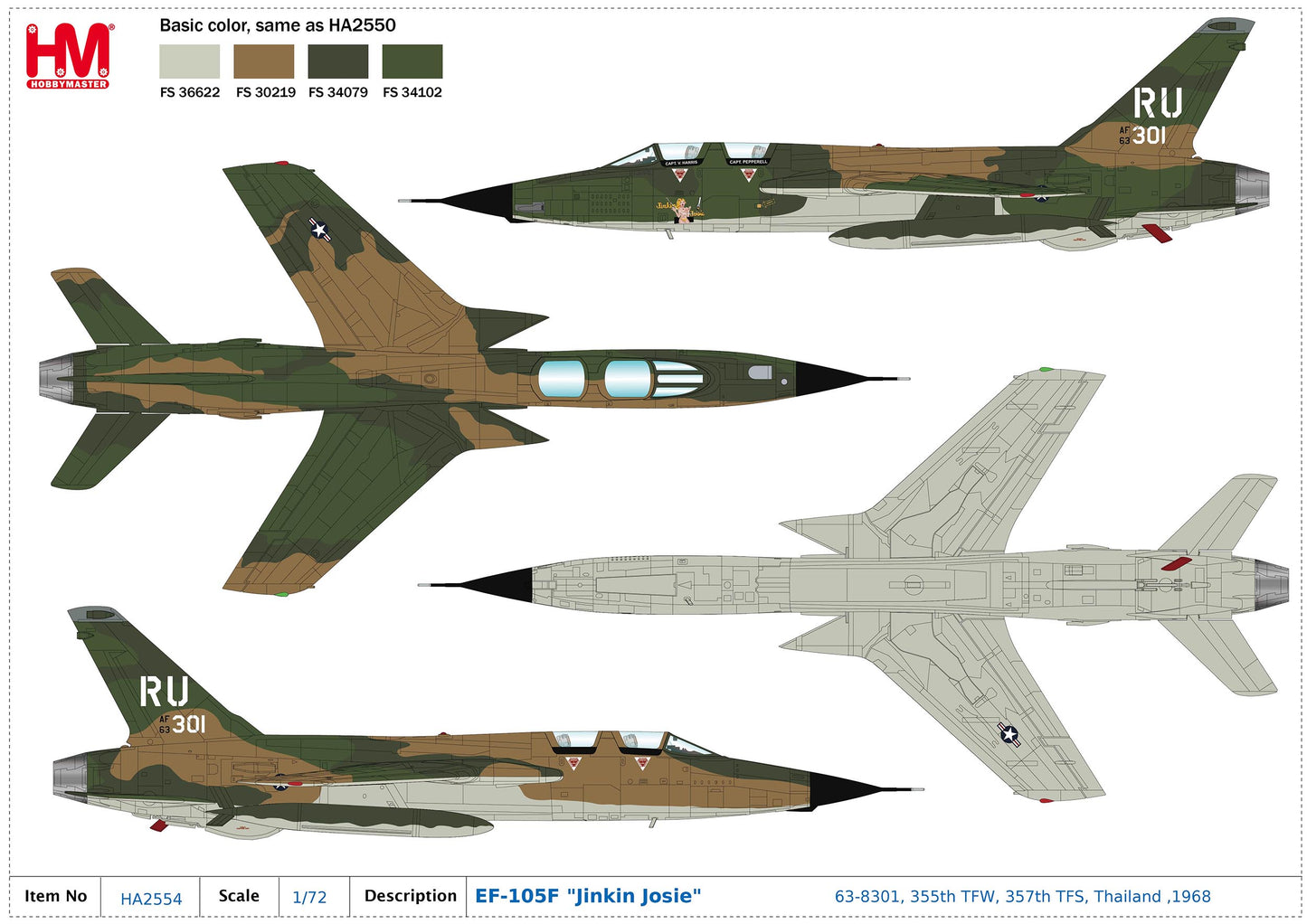 HOBBY MASTER EF-105F WILD WEASEL III USAF 355TH TFW, 357TH TFS "JINKIN JOSIE" 63-8301 THAILAND 1968