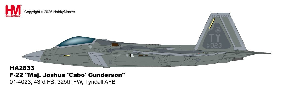 HOBBY MASTER F-22A RAPTOR USAF MAJ. JOSHUA "CABO" GUNDERSON 01-4023 43RD FS 325TH FW TYNDALL AFB