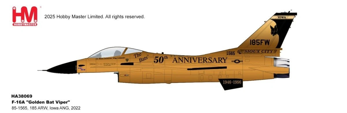 HOBBY MASTER F-16A IOWA ANG "GOLDEN BAT VIPER" 85-1565 185 ARW 2022