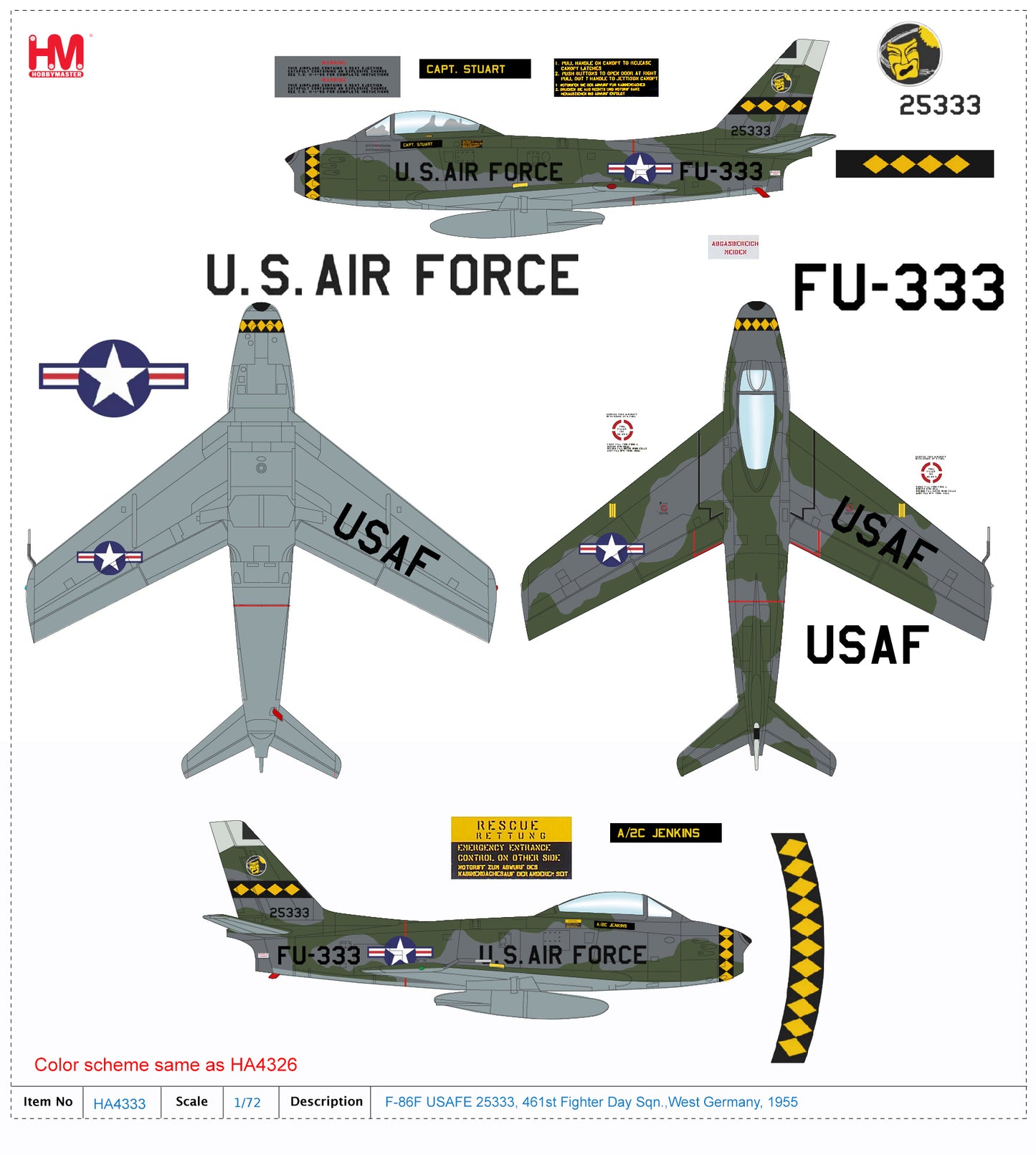 HOBBY MASTER F-86F USAFE 25333 461ST FIGHTER DAY SQN WEST GERMANY 1955