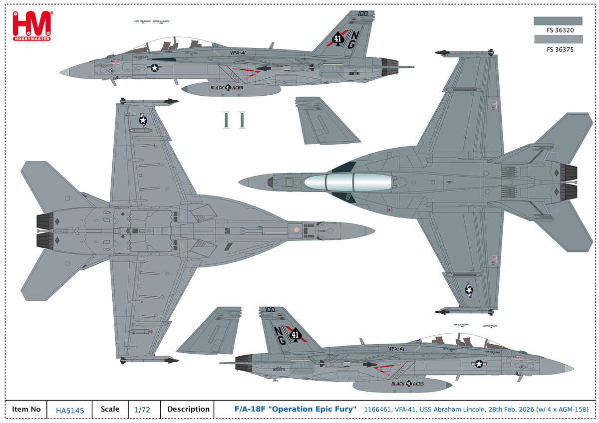 HOBBY MASTER F/A-18F US NAVY "OPERATION EPIC FURY" 166461 VFA-41 USS ABRAHAM LINCOLN 28TH FEBRUARY 2026
