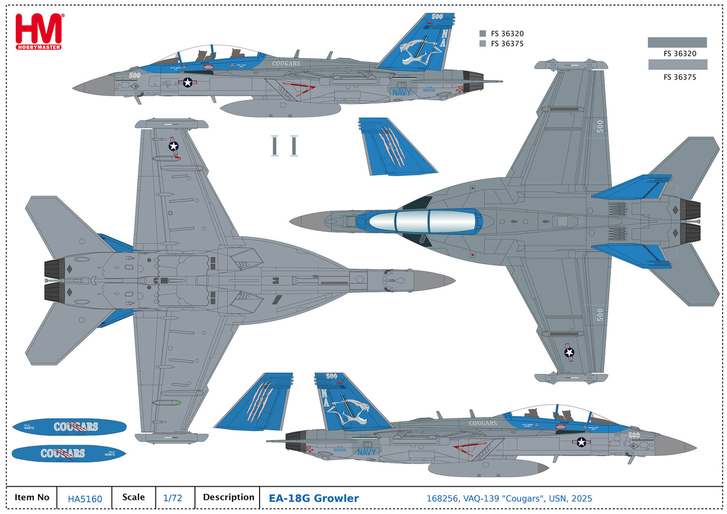 HOBBY MASTER EA-18G GROWLER 168256 VAQ-139 "COUGARS" USN 2025