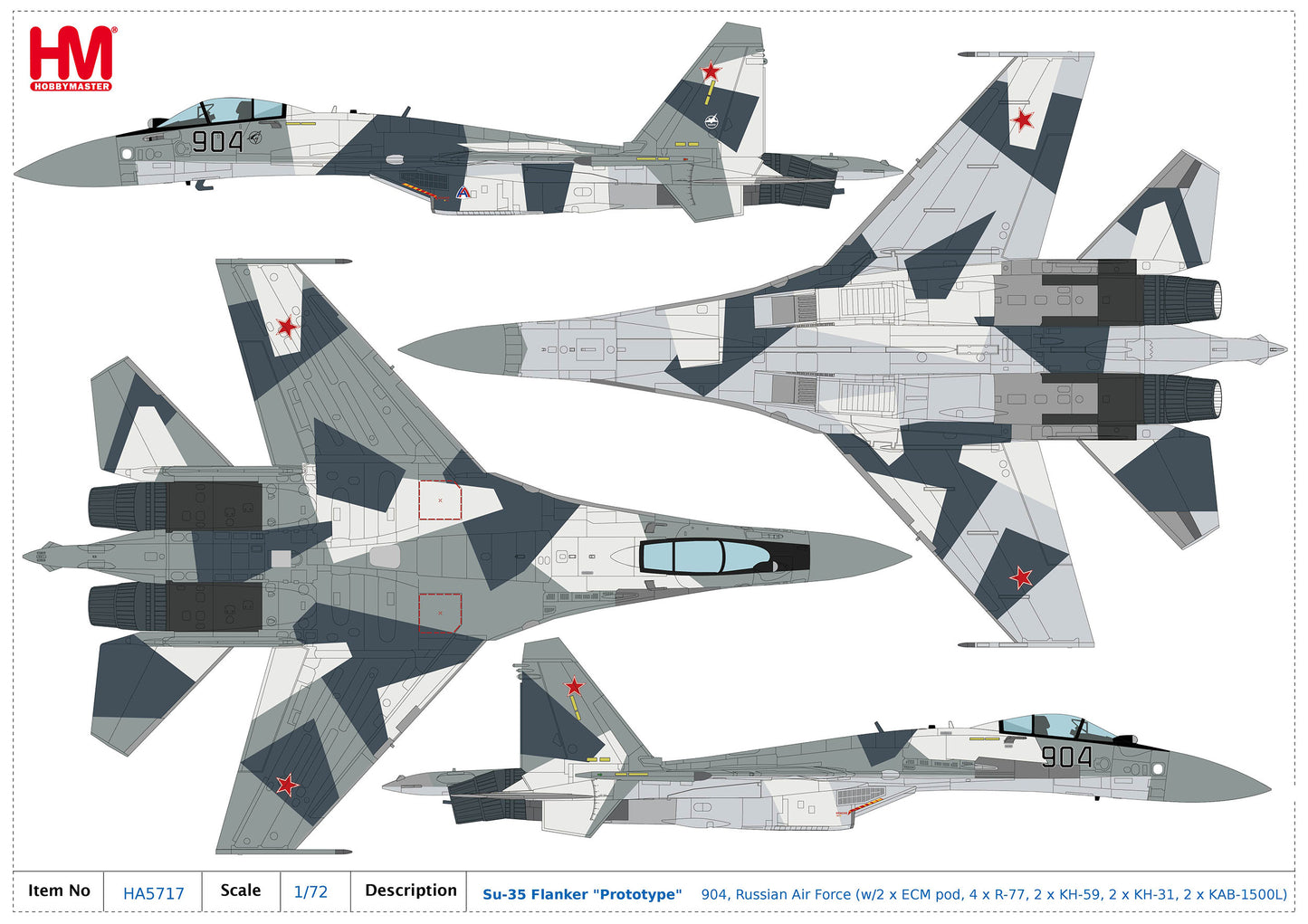 HOBBY MASTER SU-35 FLANKER RUSSIAN AIR FORCE 904 (WITH 2 X ECM POD, 4 X R-77, 2 X KH-59, 2 X KH-31, 2 X KAB-1500L)
