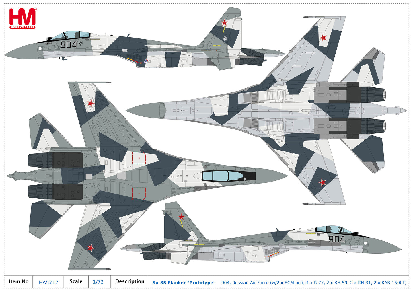 HOBBY MASTER SU-35 FLANKER RUSSIAN AIR FORCE 904 (WITH 2 X ECM POD, 4 X R-77, 2 X KH-59, 2 X KH-31, 2 X KAB-1500L)