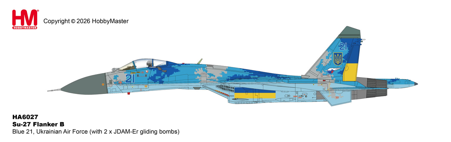 HOBBY MASTER SU-27 FLANKER B UKRAINIAN AIR FORCE BLUE 21 (WITH 2 X JDAM-ER GLIDING BOMBS)