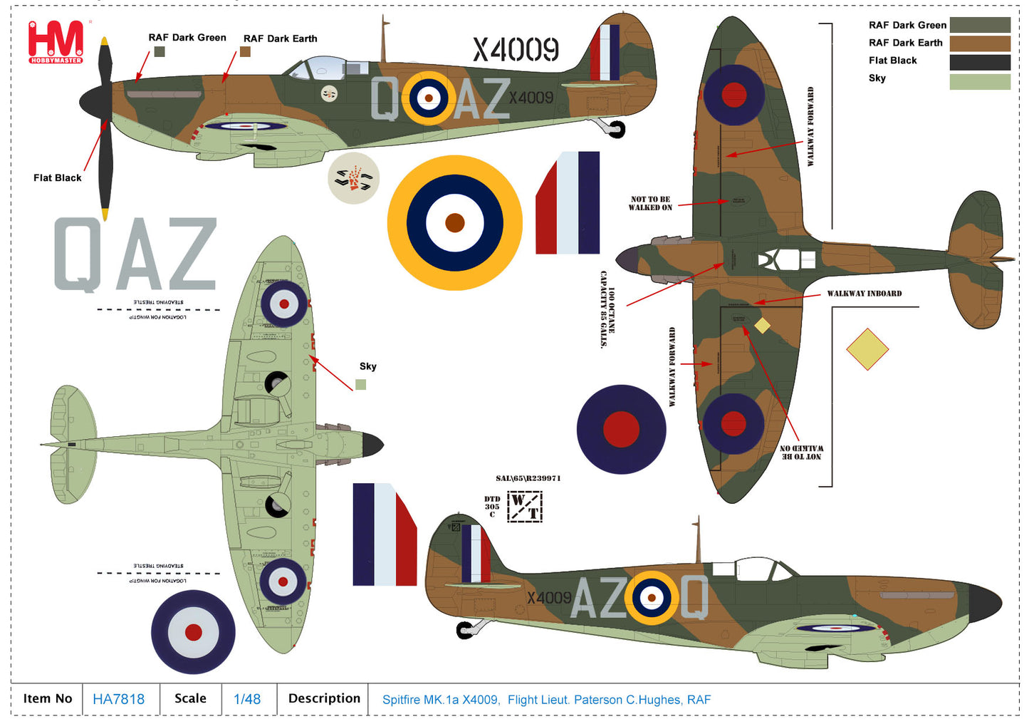 HOBBY MASTER HA7818 1/48 SPITFIRE MK. LA X4009 FLT LT P C HUGHES RAF 1940